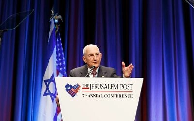Charles Bronfman speaks onstage during the Jerusalem Post New York Annual Conference at the New York Marriott Marquis Hotel  in New York City on April 29, 2018. (Noa grayevsky/Getty Images for RSL Management Corpnoa)