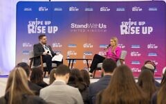 Rachel Riley MBE in conversation with Yehuda Fink, Director for Schools and Youth Programming at StandWithUs UK Rachel Riley MBE in conversation with Yehuda Fink, Director for Schools and Youth Programming at StandWithUs UK