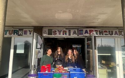 Yavneh sixth formers raising money for victims of the Turkey and Syria earthquakes. Left to right: Aimee Jayes, Maya Aharon, Mia Rose, Emily Sinclair