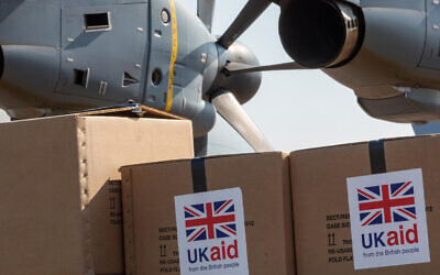 UK foreign aid packages waiting to be loaded onto a relief aircraft