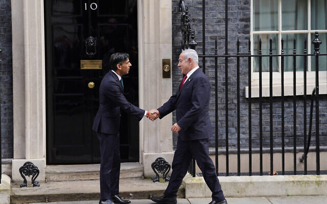 Prime Minister Rishi Sunak (left) welcomes the Israeli Prime Minister Benjamin Netanyahu to 10 Downing Street, London, ahead of their meeting, March 2023