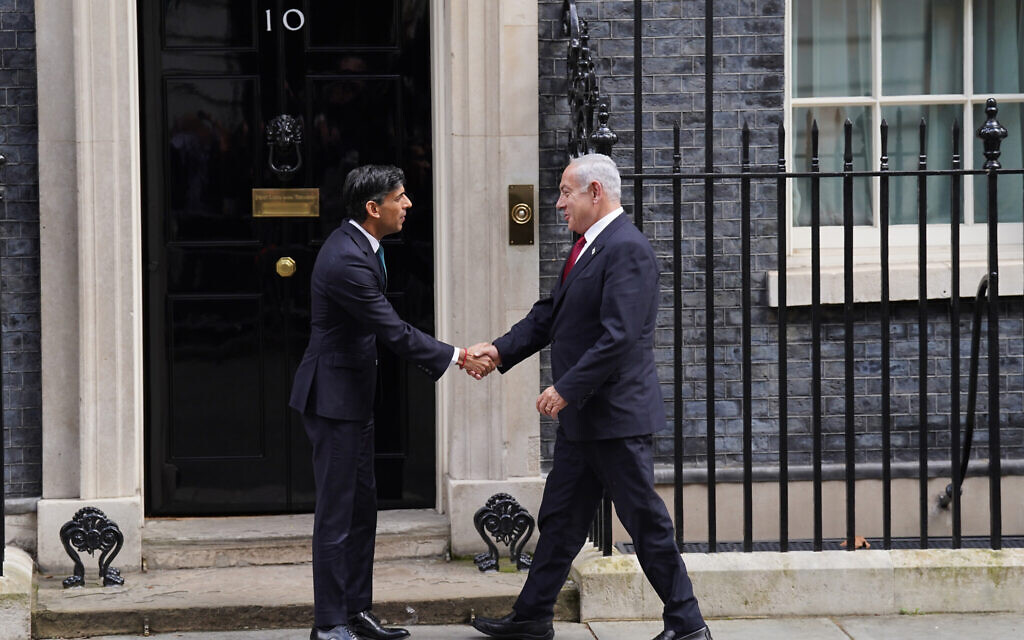 Prime Minister Rishi Sunak (left) welcomes the Israeli Prime Minister Benjamin Netanyahu to 10 Downing Street, London, ahead of their meeting, March 2023.