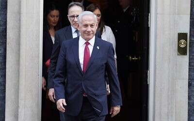 Israeli Prime Minister Benjamin Netanyahu leaves 10 Downing Street, London, following a meeting with Prime Minister Rishi Sunak, March 2023.