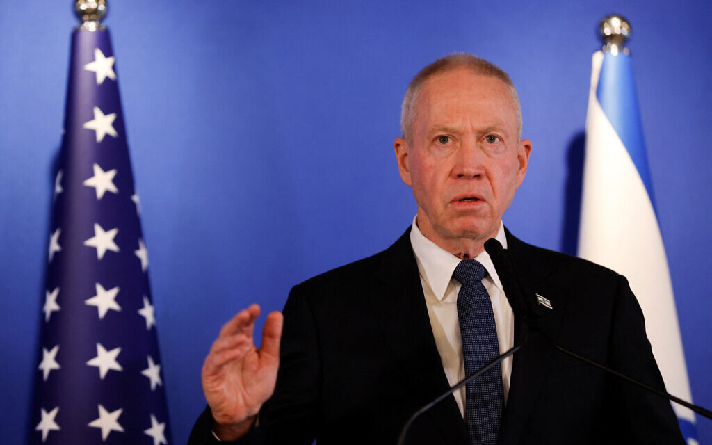 Israeli Defence Minister Yoav Gallant attends a news conference with U.S. Secretary of Defense Lloyd Austin at Ben Gurion Airport in Lod, Israel, March 9, 2023. REUTERS/Amir Cohen