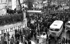 Students demonstrated in front of the Communist party building in Warsaw in 1968. The protests were used as an excuse to purge Jews from party and from Poland. Ultimately, 12,000 left the country. Pic: image-alliance/dpa/K.Wojciewski; 
https://www.dw.com/en/poland-marks-50-years-since-1968-anti-semitic-purge/a-42877652