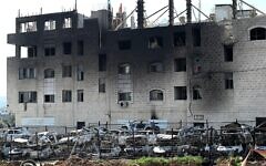 2NRNC57 Hawara, Gaza. 27th Feb, 2023. A view of a building and cars burned by Israeli settlers in a revenge attack after two Israeli brothers were killed yesterday by a Palestinian gunman in Hawara, in the West Bank, on Monday, February 27, 2023. Photo by Debbie Hill/ Credit: UPI/Alamy Live News 2NRNC57 Hawara, Gaza. 27th Feb, 2023. A view of a building and cars burned by Israeli settlers in a revenge attack after two Israeli brothers were killed yesterday by a Palestinian gunman in Hawara, in the West Bank, on Monday, February 27, 2023. Photo by Debbie Hill/ Credit: UPI/Alamy Live News