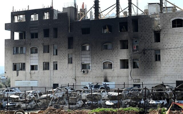 2NRNC57 Hawara, Gaza. 27th Feb, 2023. A view of a building and cars burned by Israeli settlers in a revenge attack after two Israeli brothers were killed yesterday by a Palestinian gunman in Hawara, in the West Bank, on Monday, February 27, 2023. Photo by Debbie Hill/ Credit: UPI/Alamy Live News