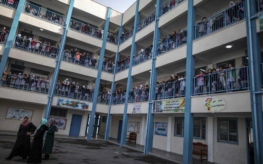 UNRWA Commissioner-General Pierre Krähenbühl at a Gaza school. A new UN Watch report accuses Hamas of infiltrating UNRWA’s education system. Photo Credit: Wissam Nassar/dpa/Alamy Live News