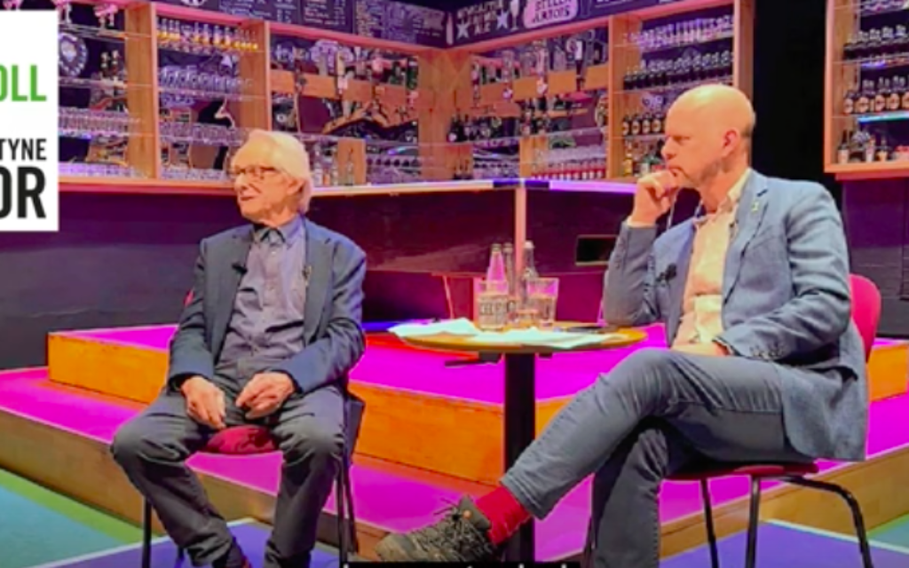 Ken Loach in discussion with North Tyne elected mayor Jamie Driscoll at an event in Newcastle in March 2023