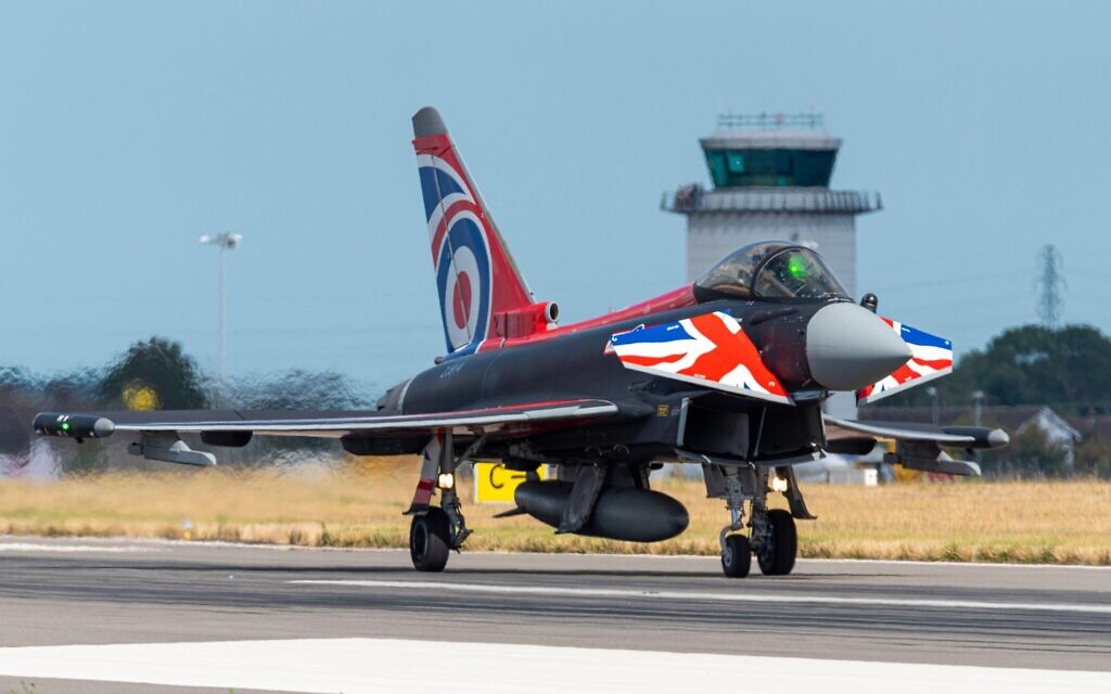 RAF Eurofighter Typhoon jet fighter plane at London Southend Airport whilst using it as a base to display at Eastbourne airshow. British scheme