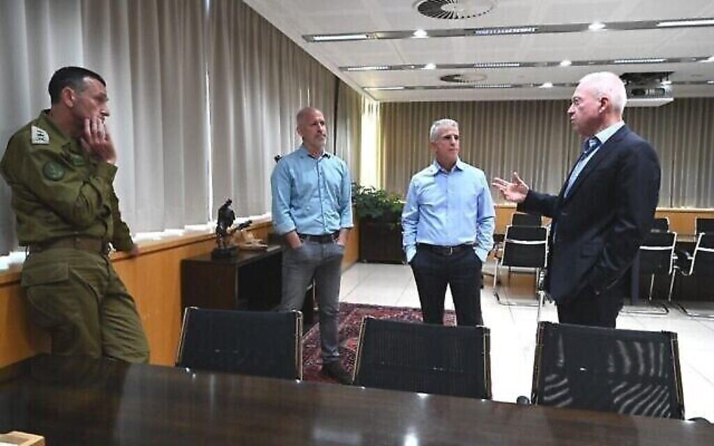 Israeli security chiefs meet on April 6, 2023. From left: IDF Chief of Staff Herzi Halevi, Shin Bet head Ronen Bar, mossad chief David Barnea and then,Defence Minister Yoav Gallant (Ariel Harmoni / Defense Ministry)