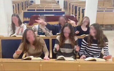 Students at the Horev girls high school in Jerusalem in a Purim skit mocking Mizrahi Jews. (Screenshot)