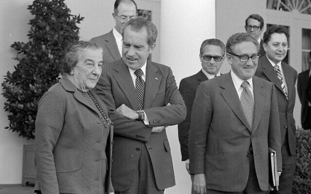 Israeli Prime Minister Golda Meir standing with president Richard Nixon and Henry Kissinger, outside the White House in 1973