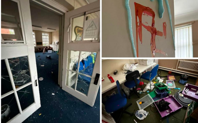 Extent of the damage to the community centre, including Swastika daubed on wall Image: NQ/Springhill Community Centre)