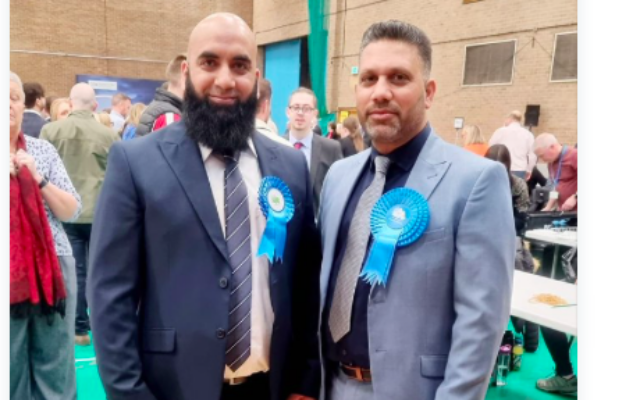 Shakeel Hussain, right, alongside another Tory candidate at local election count in Stockton