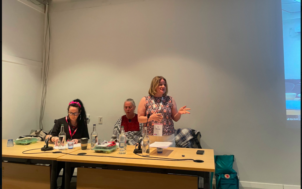 UCU general secretary Jo Grady addresses conference in support of pro-Palestine motions.