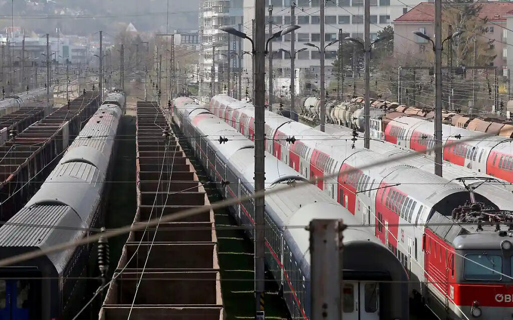 Trains in Vienna. The national railway company ÖBB ruled out a cyber-attack on the train’s intercom system. Photograph: Ronald Zak/AP