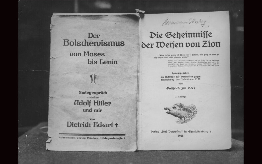 The title pages of a Nazi-published version of "The Protocols of the Elders of Zion," an antisemitic text, circa 1935. (Photo by Hulton Archive/Getty Images)