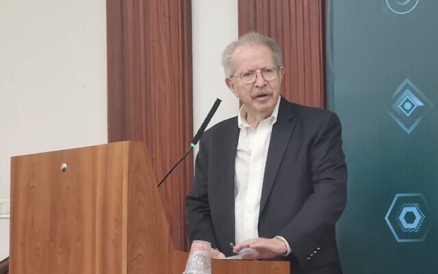 Historian and attorney Menachem Rosensaft speaks at a conference on Bulgaria and the Holocaust, May 23, 2023. (Travis Wade)