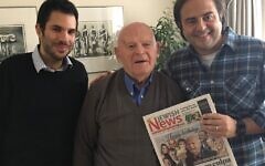 Jewish News' co-publishers Justin Cohen (left) and Richard Ferrer presenting Sir Ben with a souvenir edition of the newspaper to mark the great man's 90th birthday in 2019. Jewish News' co-publishers Justin Cohen (left) and Richard Ferrer presenting Sir Ben with a souvenir edition of the newspaper to mark the great man's 90th birthday in 2019.