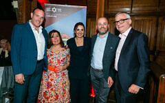 Shai Abramson - Chief Cantor of the IDF and an MDA volunteer medic, Judy Saphra - MDA UK Vice President, Fleur Hassan-Nahoum – Deputy Mayor of Jerusalem, Daniel Burger - Magen David Adom UK Chief Executive, and Adrian Jacobs. Photo by Yakir Zur