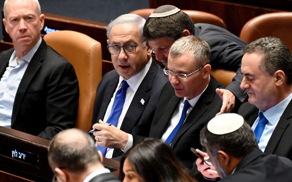 Israeli Prime Minister Benjamin Netanyahu prepares to vote for the judicial overhaul bill in the Israeli Knesset, Parliament, on Monday, in Jerusalem, July 24, 2023. Netanyahu's government passed the key judicial law amid a national conflict. Photo by Debbie Hill/ Credit: UPI/Alamy Live News
