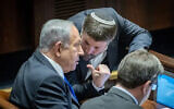 Netanyahu speaks with Religious Zionist party head MK Bezalel SmotrichYonatan Sindel/Flash90