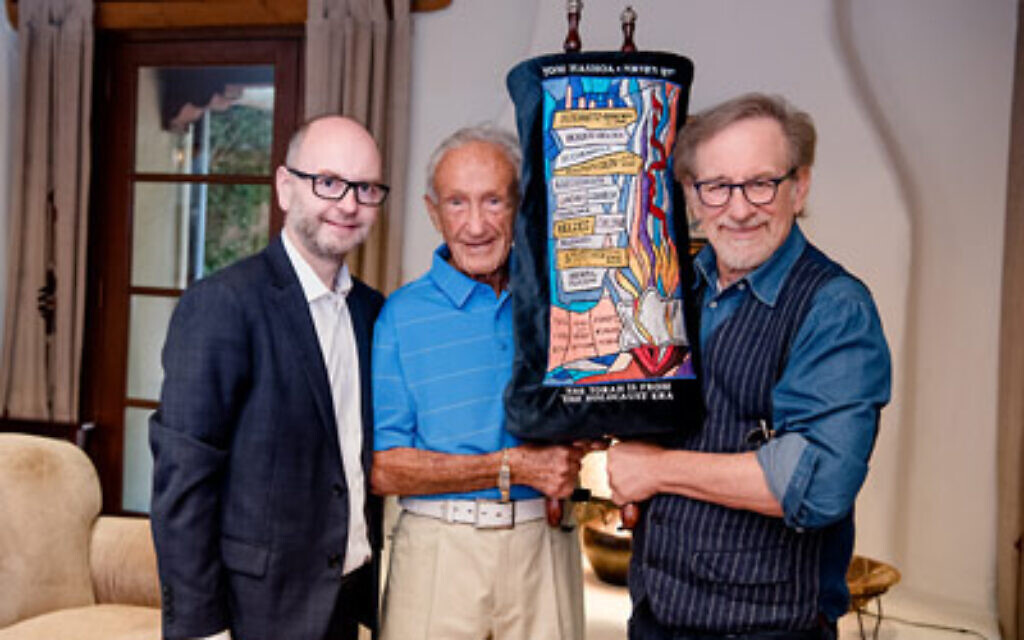Former USC Shoah Foundation Executive Director Stephen Smith with survivor Edward Mosberg and Institute founder Steven Spielberg. Pic: USC Shoah Foundation