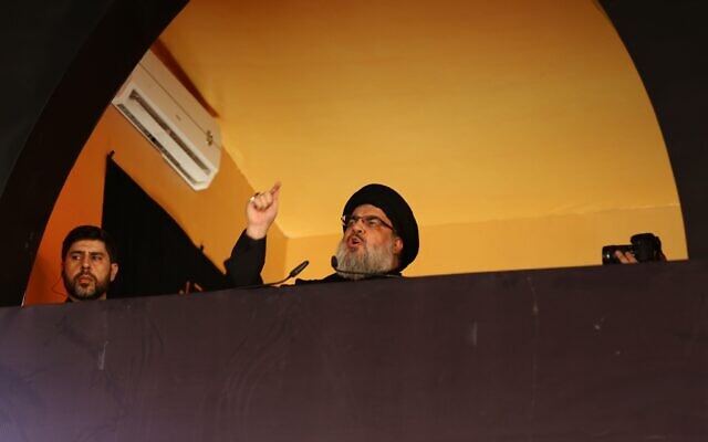BEIRUT, LEBANON - 2015: Sayed Hassan Nasrallah speech at Ashura's memorial.