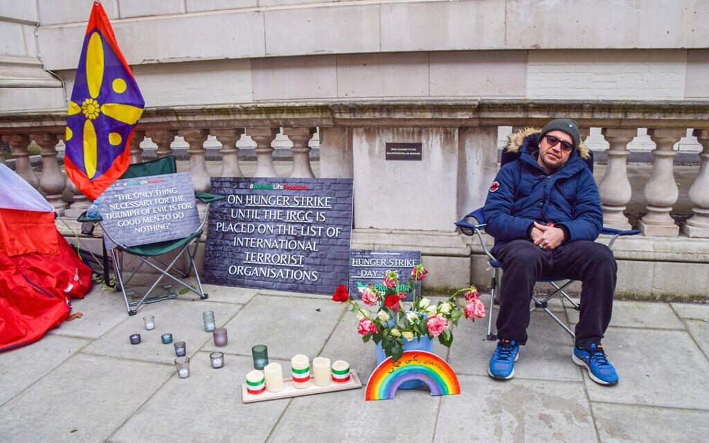 Vahid Beheshti sits outside the Foreign, Commonwealth, and Development Office in Westminster. Vahid is demanding that the Islamic Revolutionary Guard Corps (IRGC) in Iran is placed on the list of international terrorist organisations.