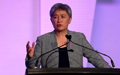Australian Minister for Foreign Affairs Penny Wong speaks at a symposium in Brisbane, July 28, 2023. (Pat Hoelscher/AFP via Getty Images)