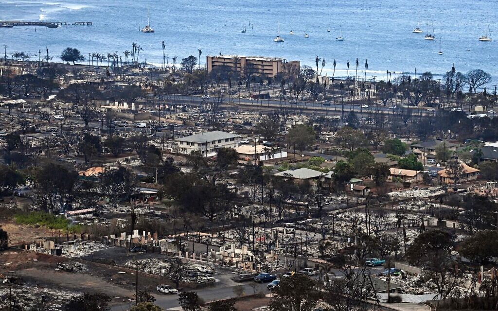 An aerial image shows destroyed homes and buildings burned to the ground in Lahaina in the aftermath of wildfires in western Maui, Hawaii, Aug. 10, 2023. (Patrick T. Fallon AFP via Getty Images)