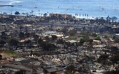 An aerial image shows destroyed homes and buildings burned to the ground in Lahaina in the aftermath of wildfires in western Maui, Hawaii, Aug. 10, 2023. (Patrick T. Fallon AFP via Getty Images)