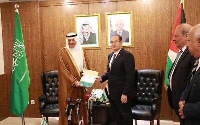 The Kingdom's current envoy to Jordan, Nayef Al-Sudairi, gave his credentials to the Palestinian Authority's embassy in Amman on Monday, meaning he will act as a non-resident Saudi consul in Jerusalem from now on. Courtesy: Twitter.