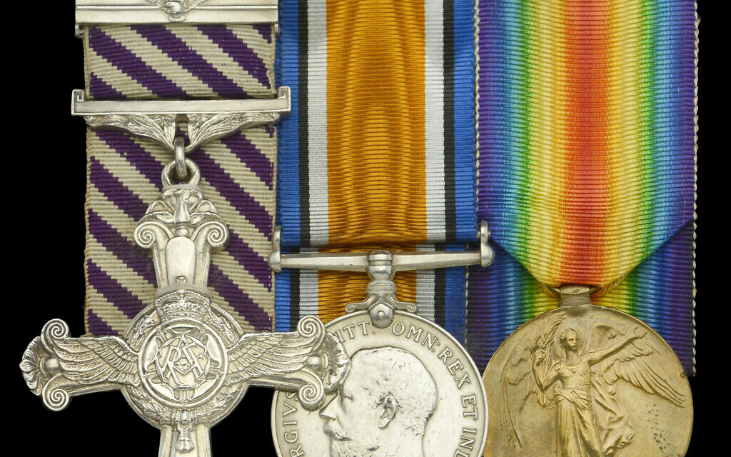 Undated handout photo issued by Noonans of a Distinguished Flying Cross, a second award bar, a British War Medal, and an American First World War Victory Medal that were awarded to Captain Solomon Clifford Joseph in the final months of the war in 1918 is to be sold by a private collector by Noonans Mayfair on October 13, with an estimate of between £15,000 and £18,000. Cpt Joseph was the highest-scoring Jewish ace of the conflict and the only one to hail from Birmingham, with at least 13 aerial victories attributed to him. Issue date: Thursday September 21, 2023. PA Photo. See PA story SALE Medals. Photo credit should read: Noonans/PA Wire 

NOTE TO EDITORS: This handout photo may only be used in for editorial reporting purposes for the contemporaneous illustration of events, things or the people in the image or facts mentioned in the caption. Reuse of the picture may require further permission from the copyright holder.