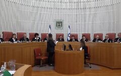 President of the Supreme Court Esther Hayut and Supreme court Justices attend a court hearing on petitions demanding the annulment of the appointment of Shas leader Aryeh Deri as a minister in Netanyahu's hard-line new government due to his recent tax fraud conviction at the Supreme Court on January 5, 2023, in Jerusalem, Israel. Credit: Eddie Gerald/Alamy Live News