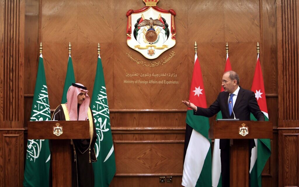 Jordanian Foreign Minister Ayman Safadi R and Saudi Arabian Foreign Minister Faisal bin Farhan Al-Saud attend a press conference in Amman, Jordan, on Jan. 3, 2022. Photo by /Xinhua JORDAN-AMMAN-FM-SAUDI ARABIA-FM-MEETING MohammadxAbuxGhosh PUBLICATIONxNOTxINxCHN