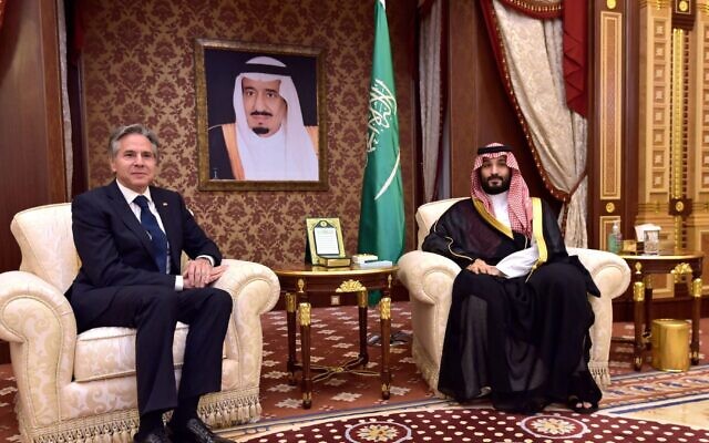 Saudi Arabia's Crown Prince Mohammed bin Salman meets with U.S. Secretary of State Antony Blinken in Jeddah, June 7, 2023. Pic: JTA - Amer Hilabi/Pool/AFP via Getty Images