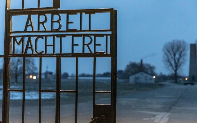 A gate with the inscription "Work Sets You Free" at the Sachsenhausen concentration camp memorial in Oranienburg, Germany, Jan. 25, 2019. (Omer Messinger/Getty Images)