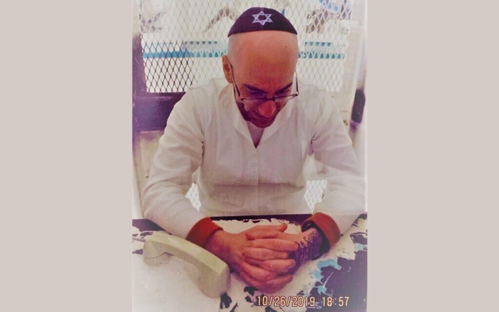 Jedidiah Murphy wears a skull cap that was a gift from one of his supporters, Rabbi Yehuda Eber, in the death row unit at Polunsky prison in Livingston, Texas, Oct. 26, 2019. (Yehuda Eber)