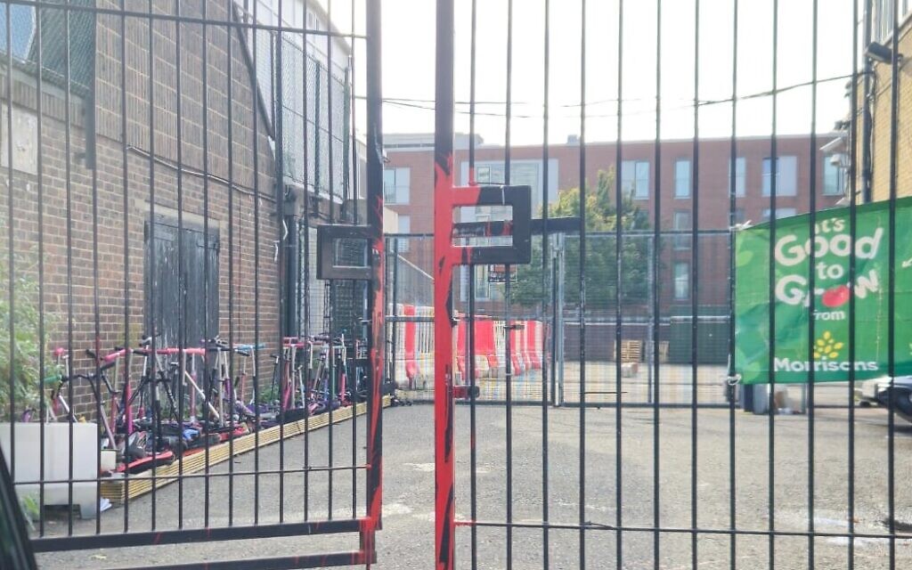 Red paint is seen daubed on the gates of Beis Chinuch Jewish girls' school in Stamford Hill in the days after 7 October.