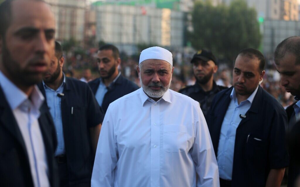 Hamas leader Ismail Haniyeh, leads Muslims in the Eid al-Adha in Gaza City, Tuesday, Aug. 21, 2018. (Photo by Majdi Fathi/NurPhoto)