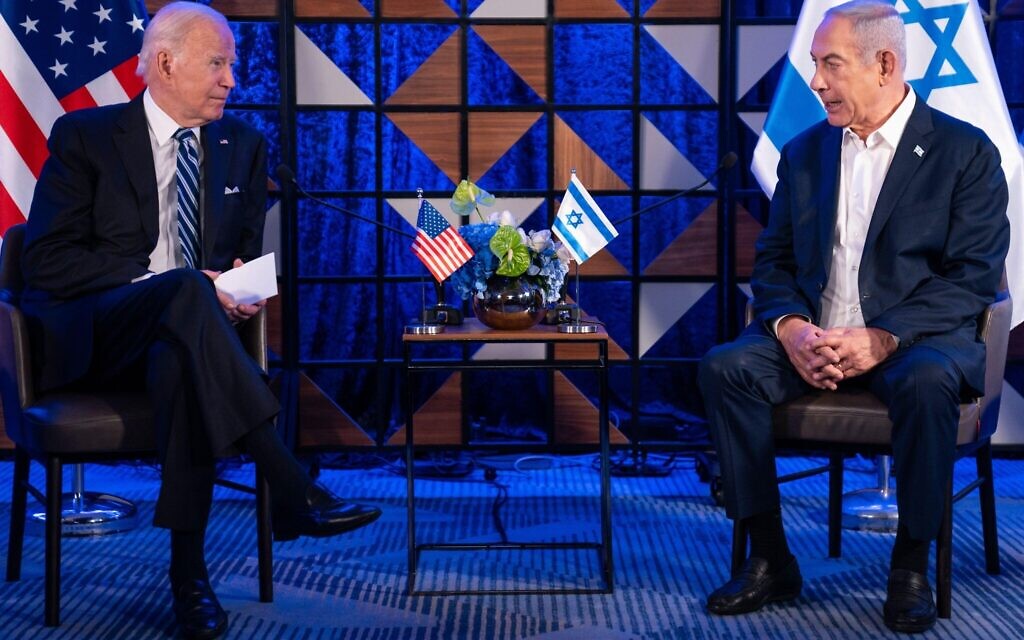 President Joe Biden meets Israeli Prime Minister Benjamin Netanyahu, Wednesday, Oct. 18, 2023, in Tel Aviv. (AP Photo/Evan Vucci)