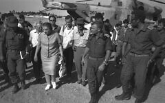 YOM KIPPUR WAR.  IN THE PHOTO, PRIME MINISTER GOLDA MEIR, DEFENSE MINISTER MOSHE DAYAN & MINISTER ISRAEL  GALILI VISITING THE SOUTHERN COMMAND IN THE SINAI. CREDIT: TZION YEHUDA (GPO)