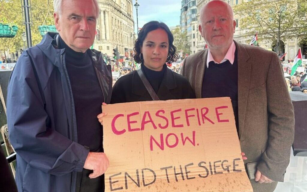 John McDonnell, Nadia Whittome, and Andy McDonald right  at Palestine demo