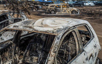 A view of destroyed vehicles near the grounds of the Tribe of Nova music festival after Saturday’s deadly attack by Hamas (Ilia Yefimovich/picture alliance via Getty Images) via JTA