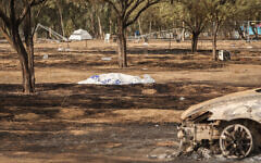 A body bag in the grounds of the Nova music festival after the 7 October massacre. Picture: Ilia Yefimovich/Getty via JTA