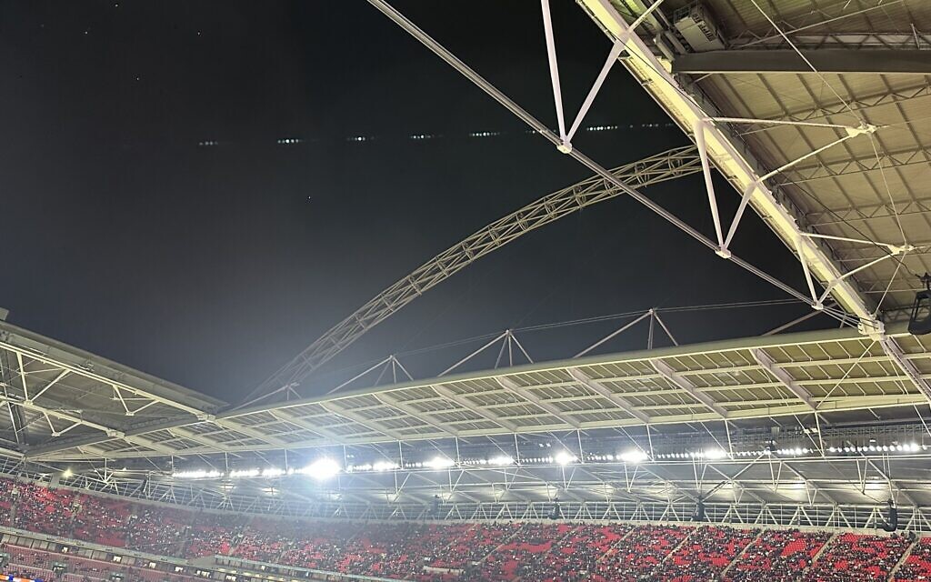 The Wembley Stadium arch unlit, despite the atrocities in Israel, for a match against Australia.