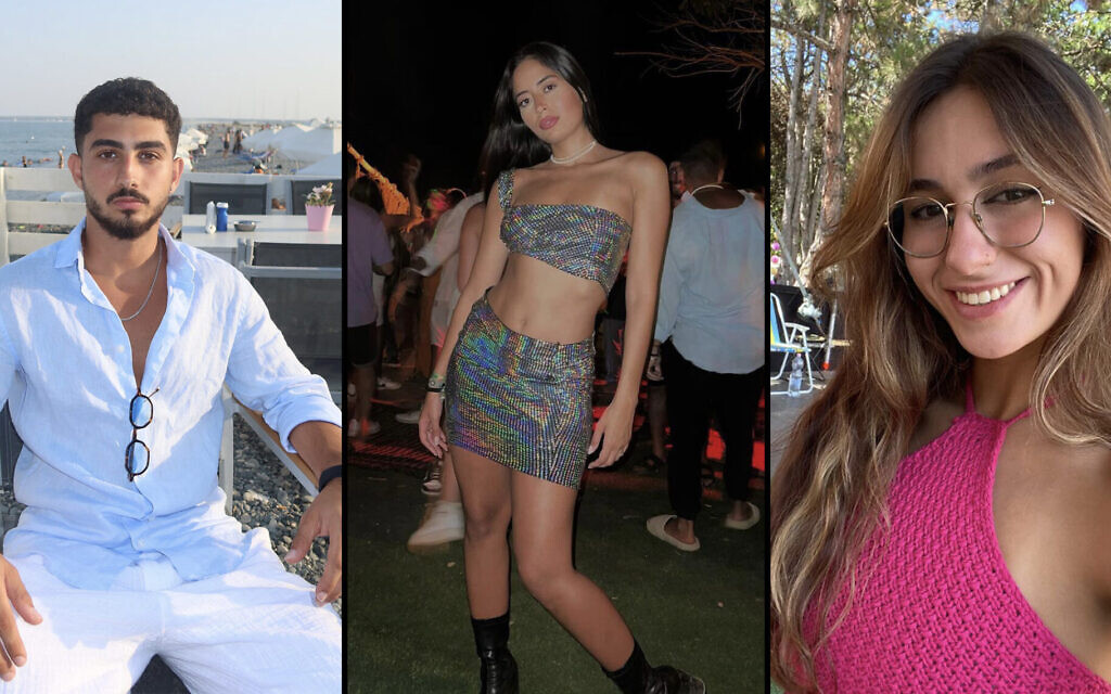 Left to right: Gad Liebersohn, 21; Yarin Amar, 22; Yaelle Bonnet, 21. All survived the massacre at the Tribe of Nova party outside Kibbutz Re'im on Oct. 7, 2023. (Courtesy)