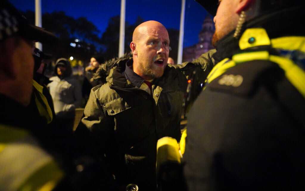 Counter-protesters and police in Parliament Square in central London, after a pro-Palestinian protest march which was taking place from Hyde Park to the US embassy in Vauxhall.